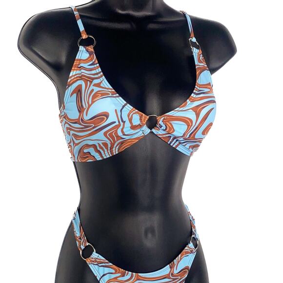 New Small Blue Brown‎ Swirl Bikini O Ring Triangle Padded Top Swimsuit Y2k 90s - Picture 2 of 6